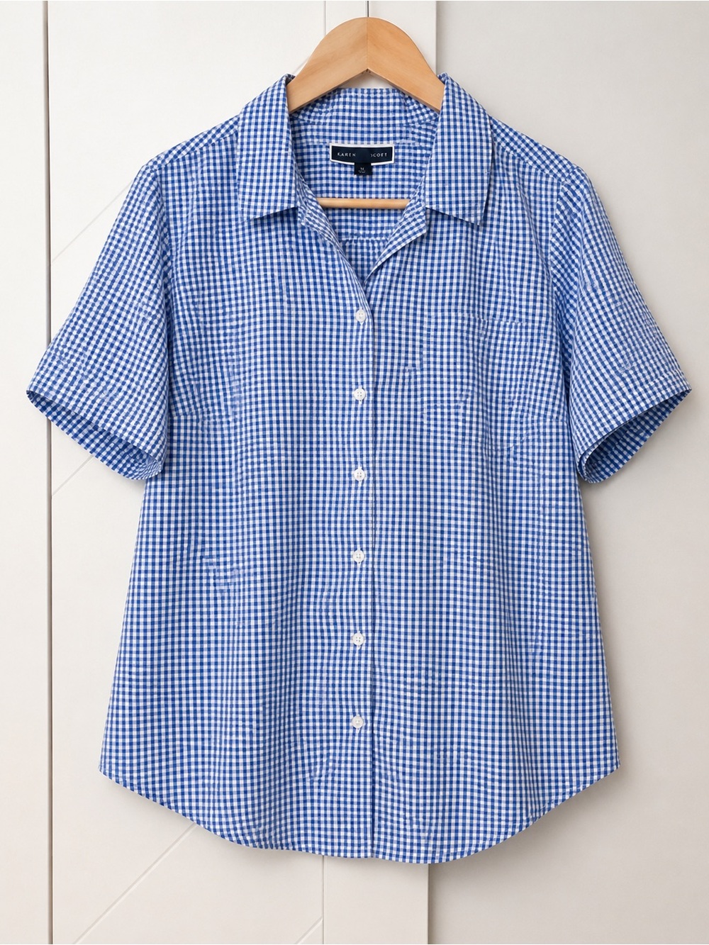 Karen Scott Blue White Gingham Button Front Short Sleeve Shirt 1X